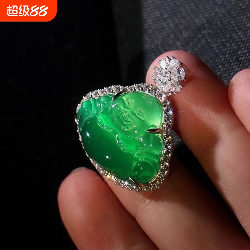 VZZS缅甸翡翠色如意叶子高冰种辣阳绿仿A货玉髓吊坠观音佛公弥勒
