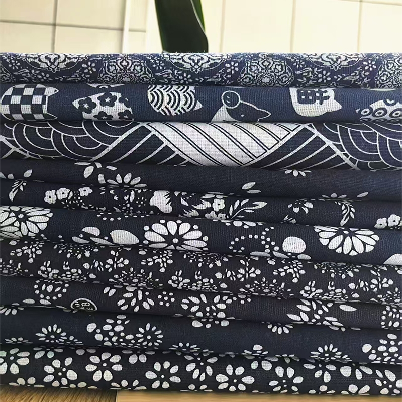 5米价]乌镇蓝青印花桌布布料碎花涤棉少数民族窗帘粗亚麻布长方形