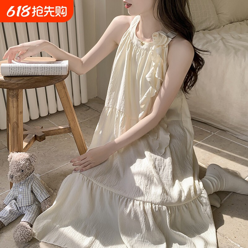 云朵棉吊带睡裙女夏季2025新款公主风睡衣带胸垫少女家居服中长款