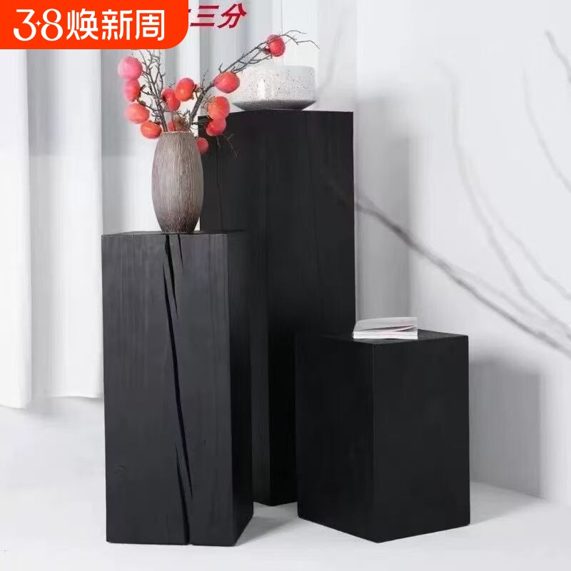 实木方形木墩子花架碳化黑色树桩底座木桩茶几坐凳摆件边几原木