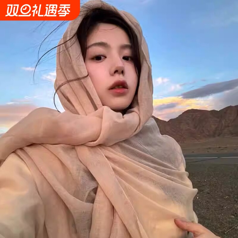 棉麻披肩丝巾夏季女2025新款纯色外搭薄款敦煌旅游头巾红色白色