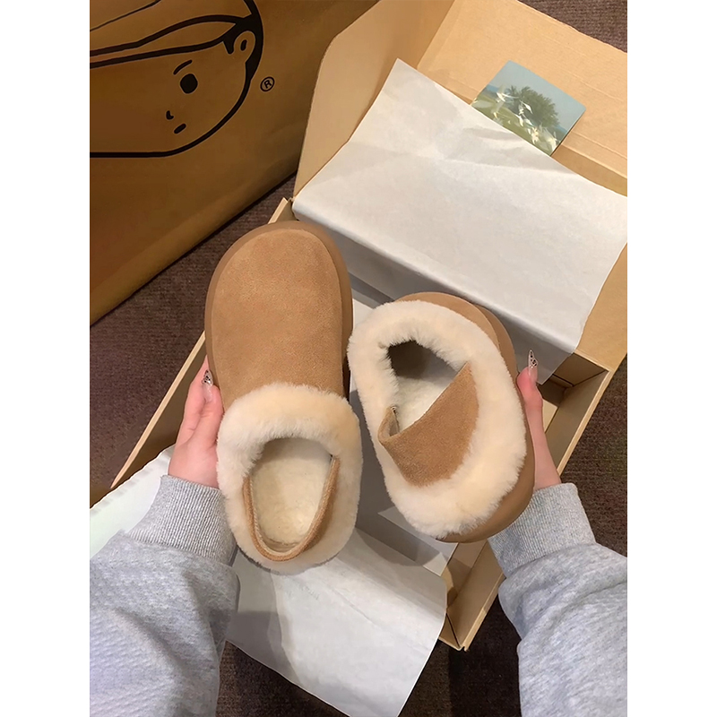 羊皮版~毛毛真皮踩跟两穿勃肯鞋软底一脚蹬厚底雪地靴外穿棉鞋女