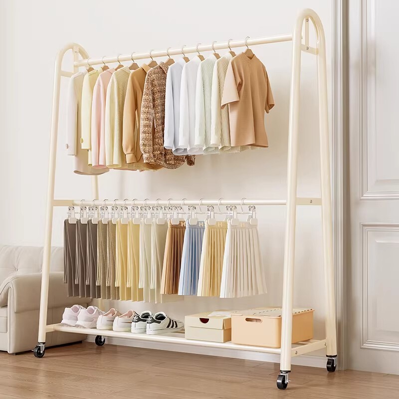 双层衣架落地衣帽架可移动家用挂衣架子卧室单杆置地式晾衣架室内