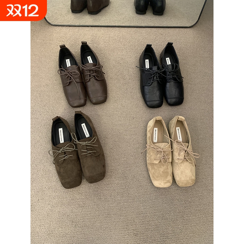 复古绒面绑带小皮鞋黑色平底玛丽珍鞋2025秋冬新款软底方头豆豆鞋