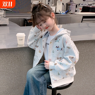 女童外套春秋季2025新款洋气儿童装卫衣大童休闲上衣薄款灰色刺绣