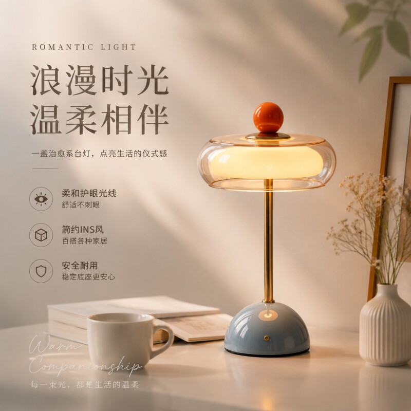 复古台灯中古风轻奢玻璃桌面灯温馨婚房床头柔光装饰氛围感台灯图片