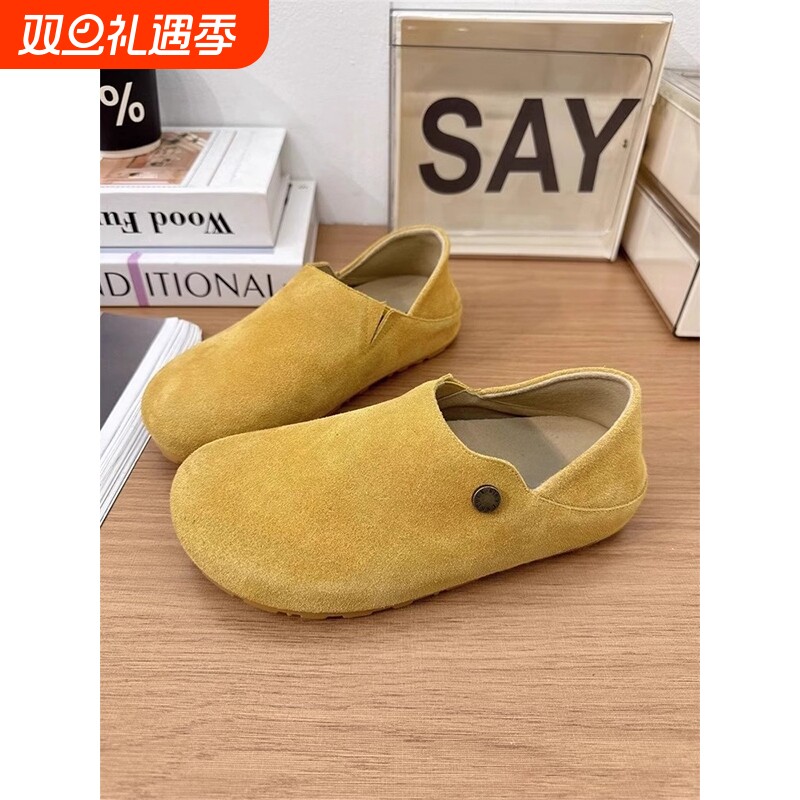 真皮两穿勃肯鞋女2025春秋新款平底豆豆单鞋一脚蹬博肯鞋内增高