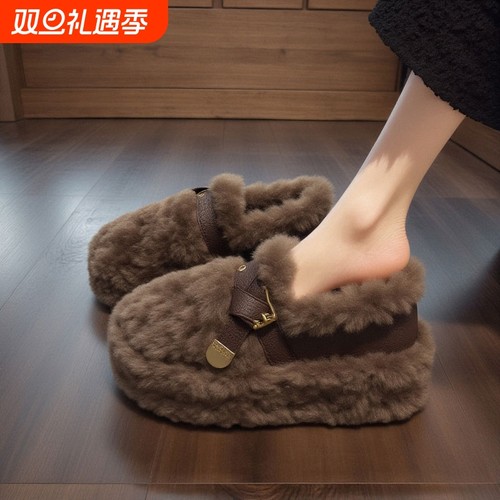 羊羔绒厚底毛毛鞋女2025年新款冬季皮带扣美拉德加绒保暖孕妇棉鞋