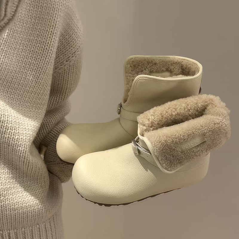 H55女鞋小熊领结2025冬季新款皮面两穿加绒棉里防滑保暖雪地靴