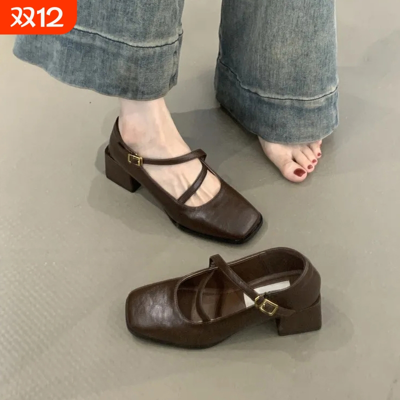 法式高跟鞋浅口粗跟单鞋女2025新款夏秋季配裙子乐福玛丽珍小皮鞋