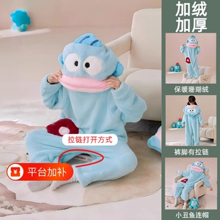 丑鱼连体睡衣男孩女孩套装抽象珊瑚绒女款冬季加厚男儿童家居服