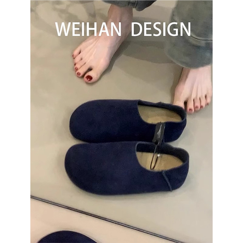 牛皮版！厚底全包勃肯鞋女一脚蹬平底乐福鞋两穿单鞋毛绒蓝色棕色