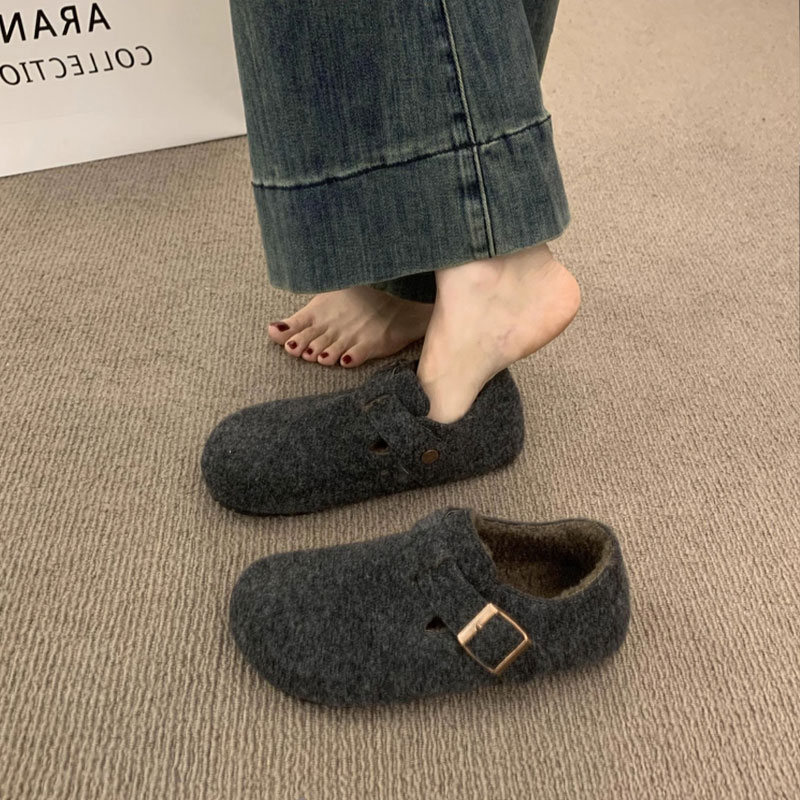 复古毛毡加绒勃肯鞋女2025秋冬新款加绒一脚蹬保暖棉鞋毛呢乐福鞋