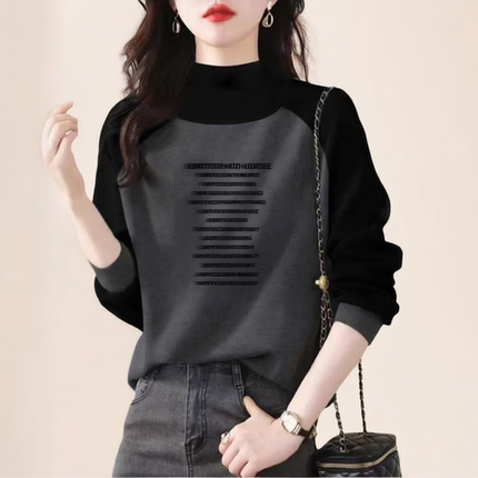 德绒半高领长袖秋冬季新款拼接大码百搭显瘦撞色打底衫上衣T恤女F