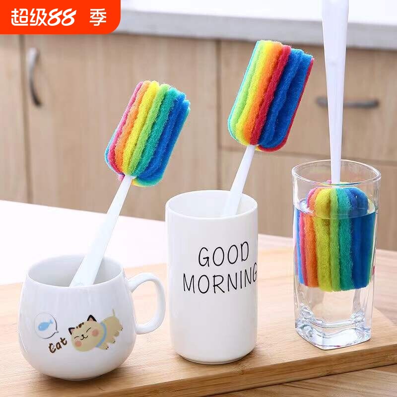 七彩长柄百洁布杯刷清洁神器图片