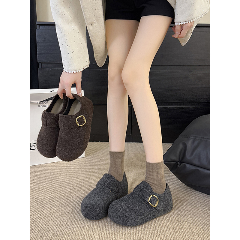 厚底增高灰色勃肯鞋加绒女2025秋冬新款毛呢鞋保暖博肯棉鞋鞋子
