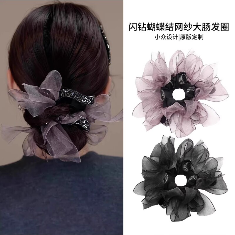 欧根纱蝴蝶结大肠发圈高级感头绳2026新款高端丸子头发绳头花发饰