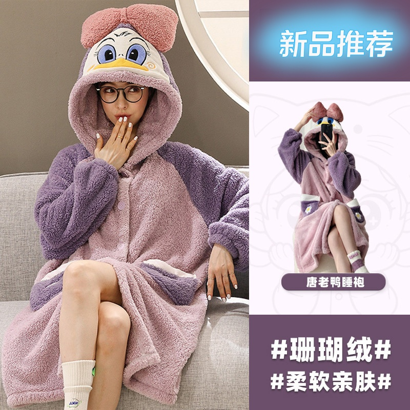 珊瑚绒睡衣冬季女秋冬长款唐老鸭玉桂狗睡袍2025新款学生加绒加厚