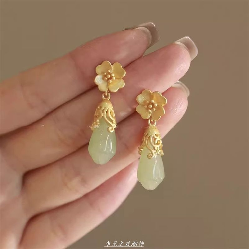 国风复古花朵耳钉女水滴耳坠高级感古风精致设计花耳环耳夹耳饰