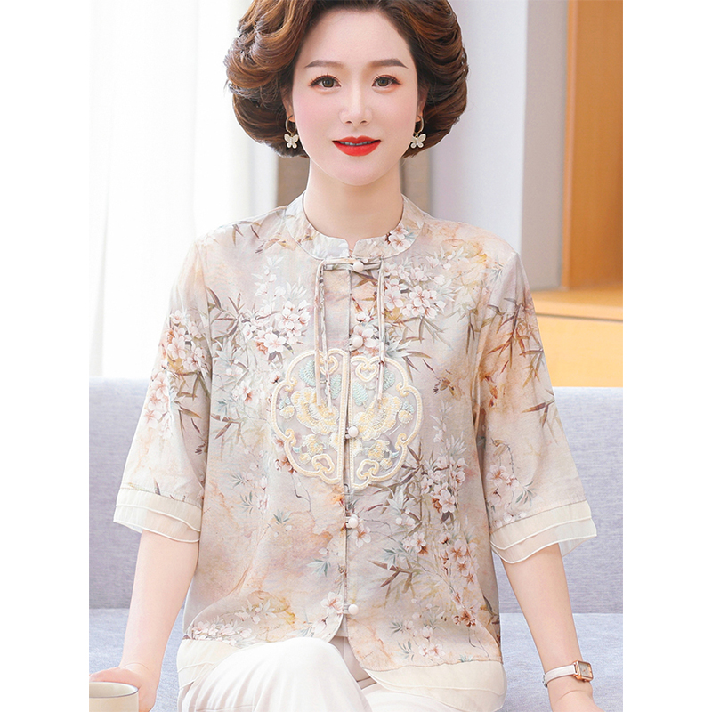 妈妈夏装新中式衬衫洋气质小衫中老年人女装国风雪纺盘扣上衣套装