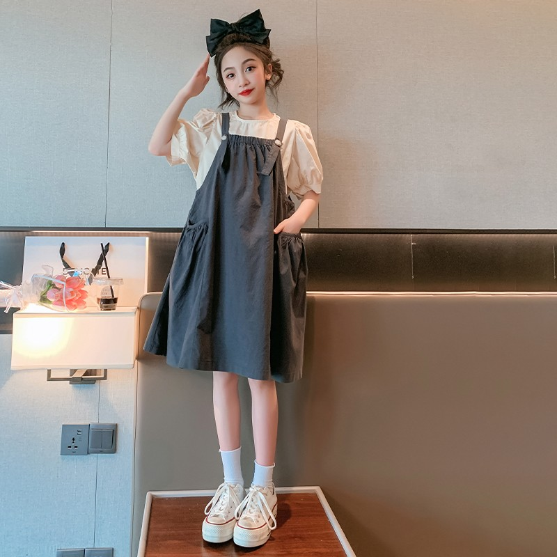 女童背带裙夏季套装2025新款儿童夏装洋气连衣裙大童短袖公主裙子