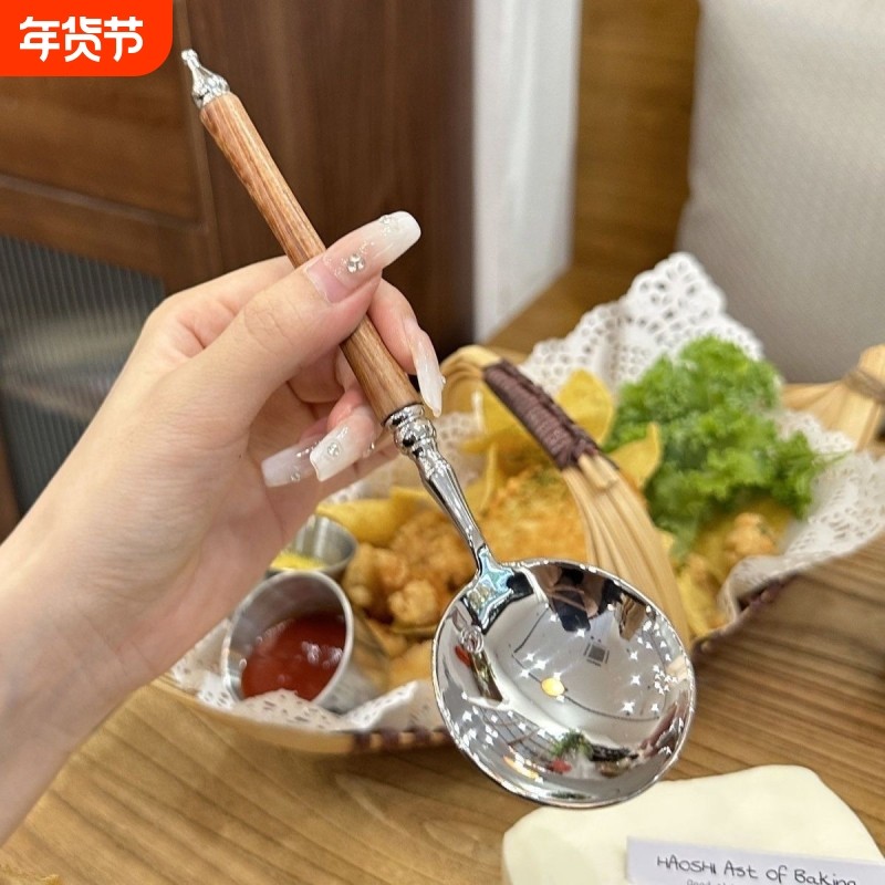 【西式小蛮腰】高档货黄仿花梨木纹手柄精品级不锈钢喝汤勺子主餐