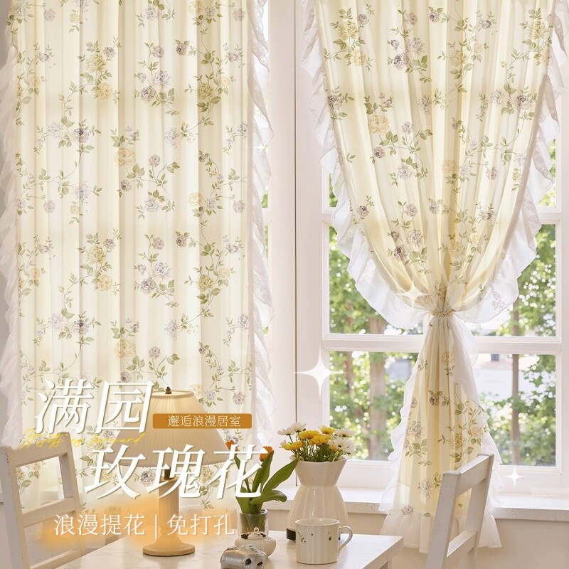 法式免打孔提花纱帘蕾丝遮挡窗帘公主风遮阳防紫外线门帘隔断2026