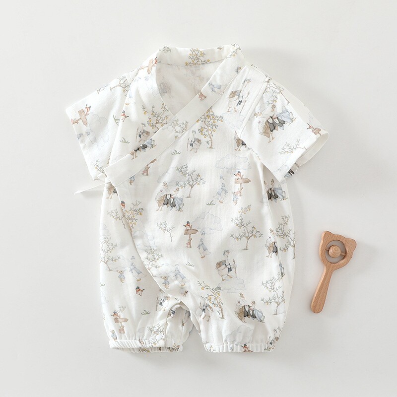 婴儿夏季薄款连体衣短袖新生儿竹纤维爬服和尚服宝宝夏装纱布母婴