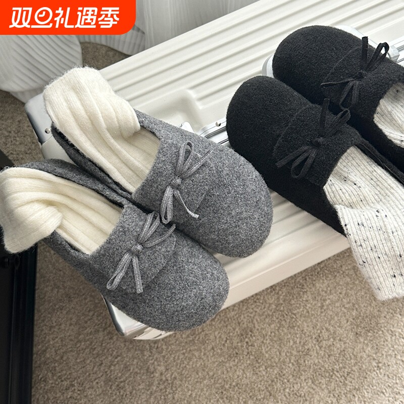 复古加绒勃肯鞋女2025新款秋冬通勤百搭一脚蹬毛呢豆豆鞋蝴蝶结