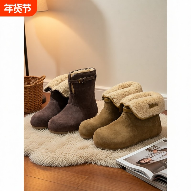 磨砂皮羊羔毛加绒雪地靴女2025新款保暖一脚蹬毛毛鞋棉鞋短靴防滑,女鞋,时尚雪地靴,淘宝优惠券,粉丝福利购,淘宝优惠卷