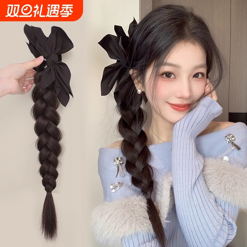 假发抓夹式马尾蝴蝶结拳击麻花辫侧扎高编发仿真真发增加发型发丝