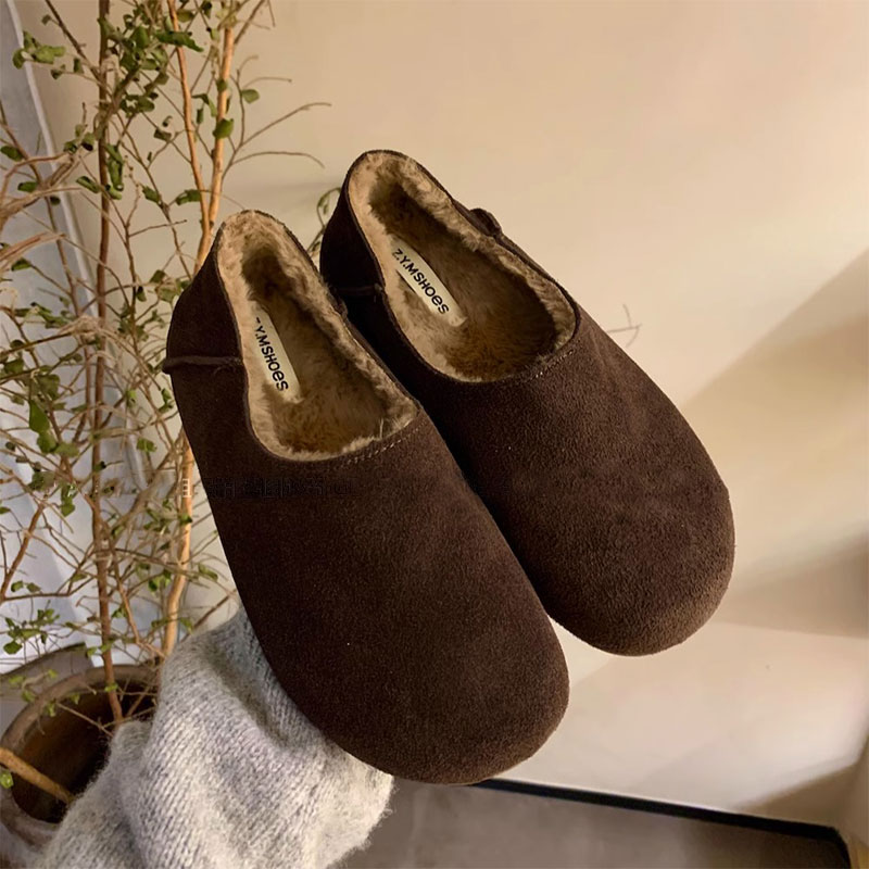 真皮勃肯鞋加绒平底单鞋2025年秋冬新款百搭一脚蹬乐福鞋圆头中跟