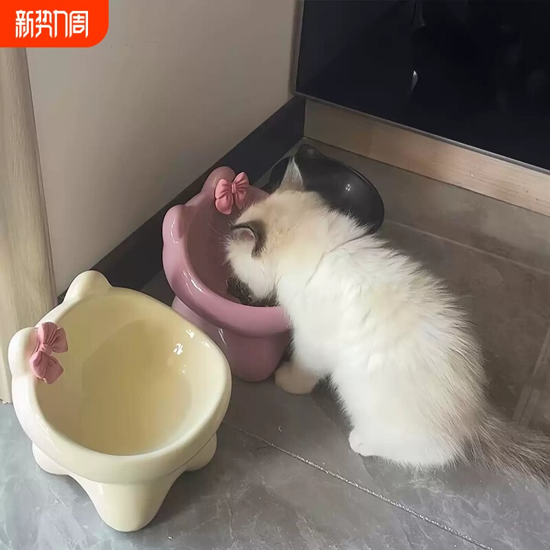 猫碗陶瓷碗可爱猫食盆喝水猫粮罐头保护颈椎不易打翻防黑下巴狗碗