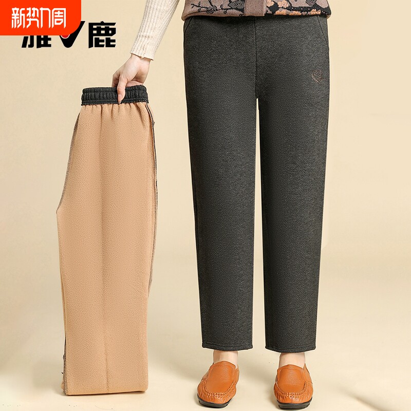 雅鹿妈妈秋冬加绒裤子女中老年人奶奶冬装加厚休闲裤老人保暖可穿