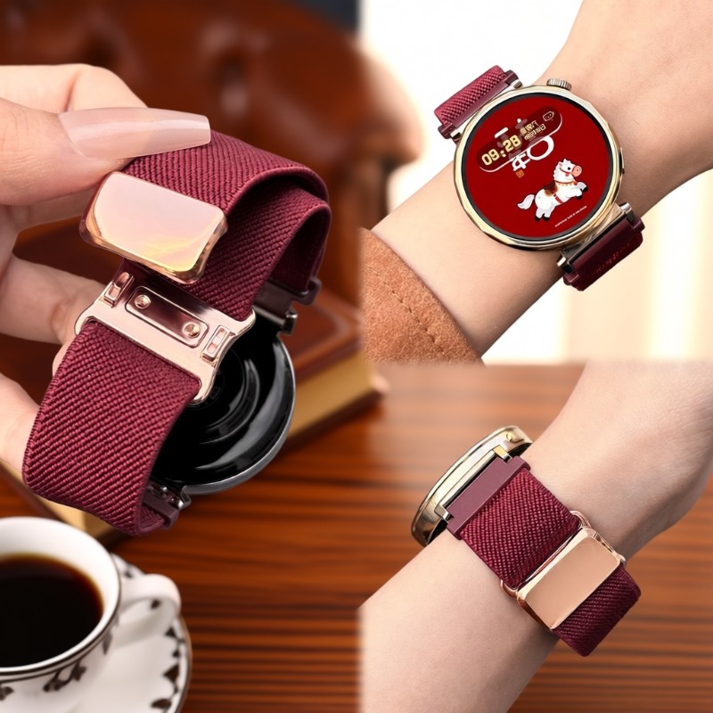 适用于华为gt6表带5pro新年红弹力编织watch5创意磁吸扣gt4/3/2智能运动配件2026酒红腕带硅胶