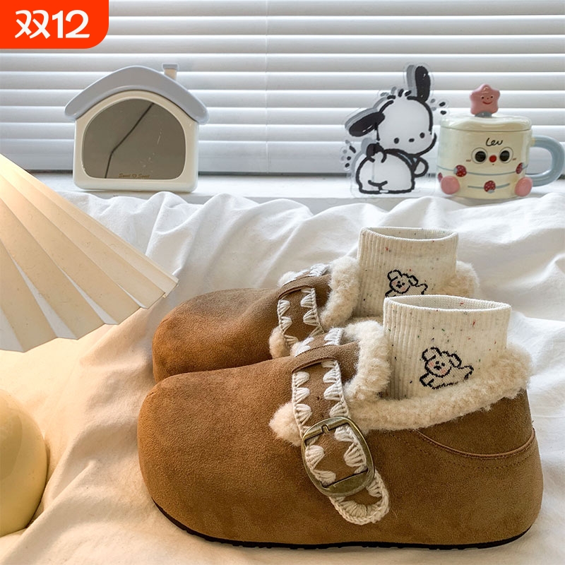 复古内增高厚底刺绣勃肯鞋加绒雪地靴女2025新款秋冬两穿包头半拖