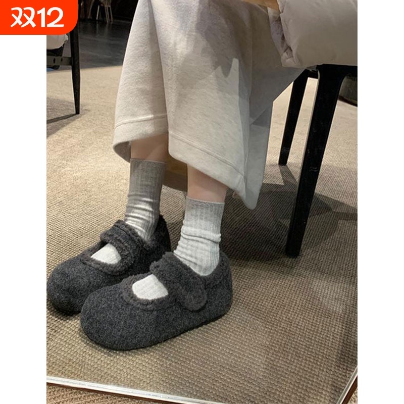 加绒玛丽珍鞋女冬毛毛鞋2025年新款内增高毛呢料配大衣勃肯棉鞋子
