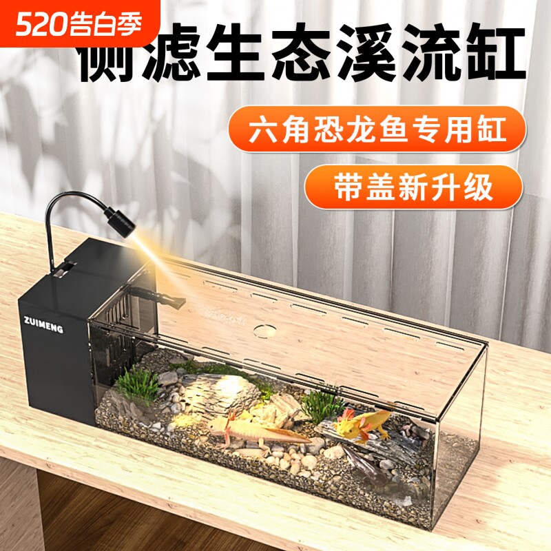 鱼缸六角恐龙鱼专用缸桌面造景蝾螈饲养缸一体成型溪流缸侧滤鱼缸