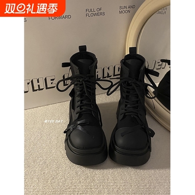 YesDay小众百搭厚底马丁靴女2025秋季新款蝴蝶结短靴高跟粗跟圆头
