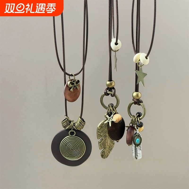 新中式禅意长款羽毛项链女复古民族风装饰波西米亚吊坠配饰毛衣链