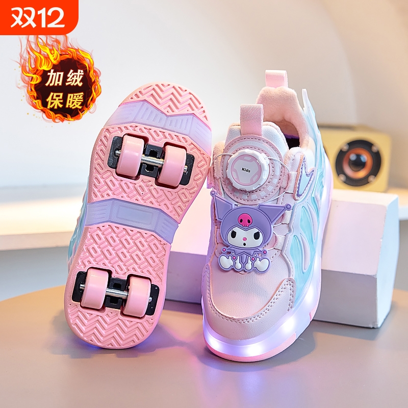 暴走鞋女童秋冬季加绒儿童带轮子运动学生隐形轮滑鞋发光滑轮四轮