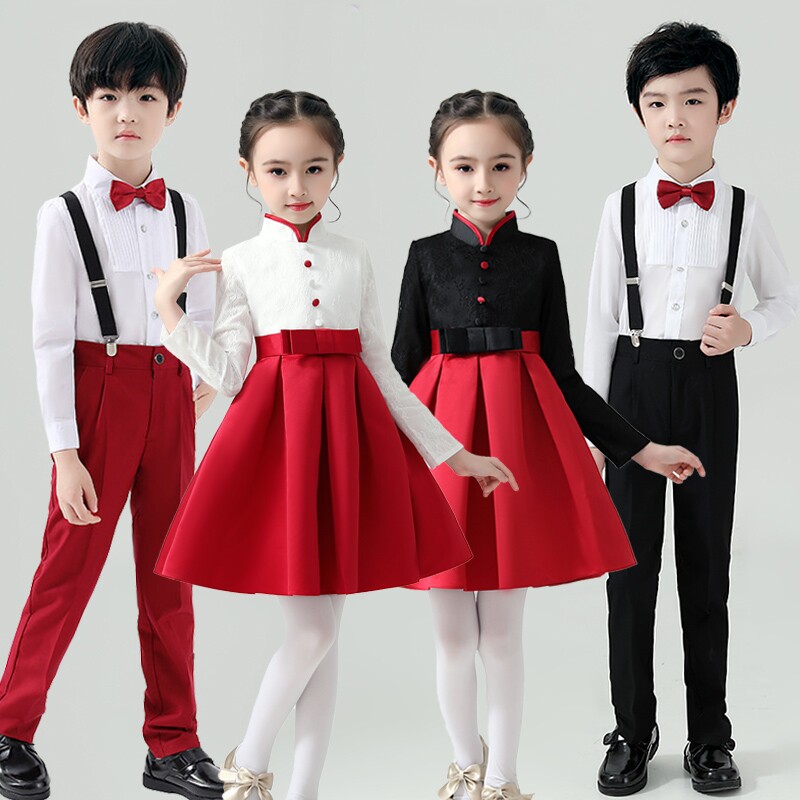 六一儿童合唱演出服小学生舞蹈女童红色礼服男童诗歌朗诵表演服装