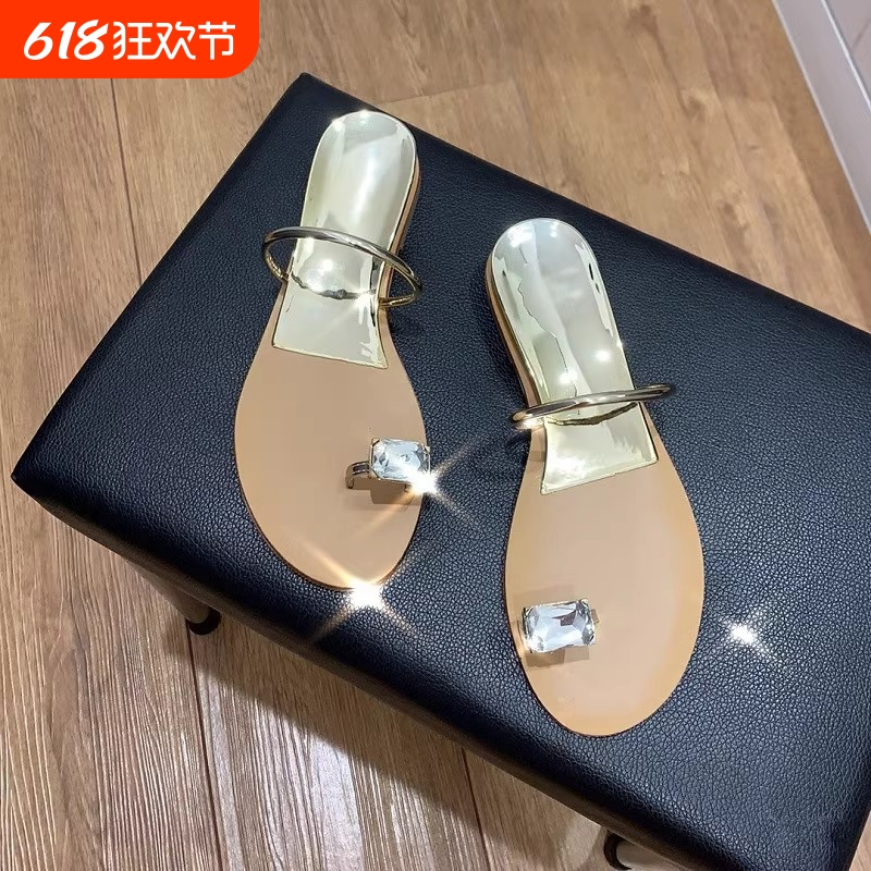 一颗鸽子蛋大姐姐同款水钻外穿夹趾凉拖平底内增高坡跟沙滩凉鞋女