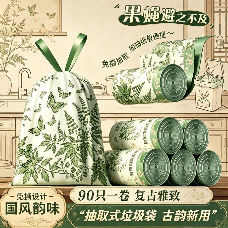 免撕艾草香味垃圾袋家用加厚手提式抽绳防蚊虫厨房加大塑料袋特厚