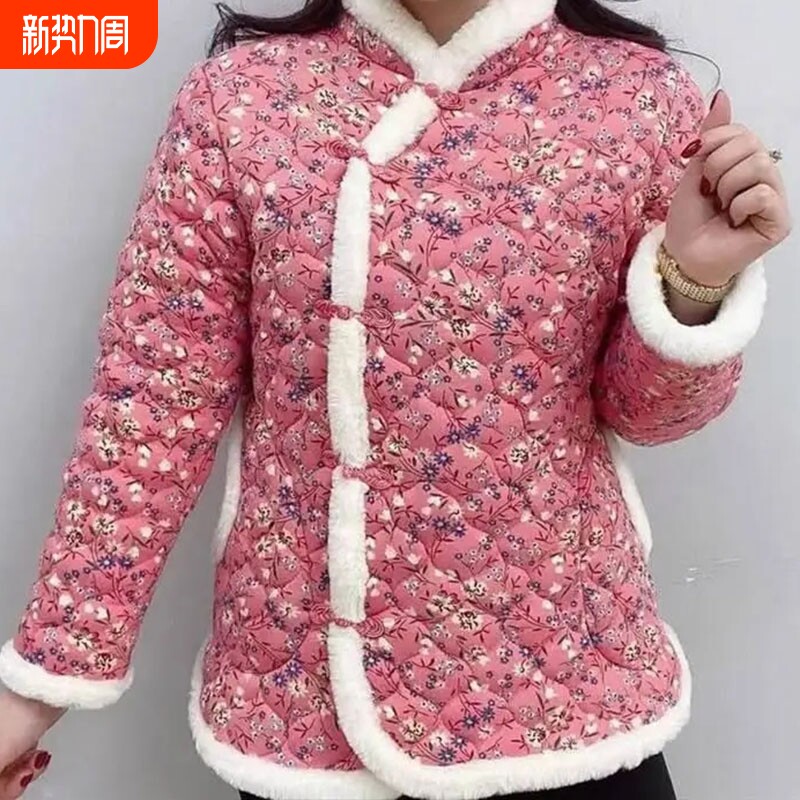 棉服冬中国加厚棉袄女装复古妈妈东北旗袍棉衣外套中老年大花新款