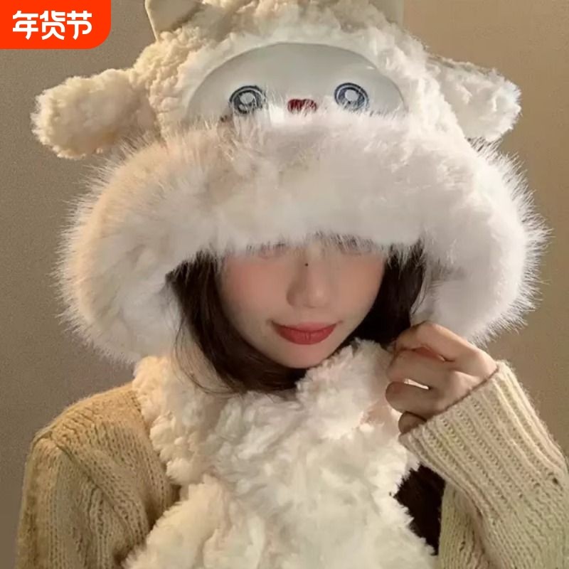 冬季新款可爱小绵羊毛绒帽女帽子围巾一体加厚防寒保暖会动雷锋帽