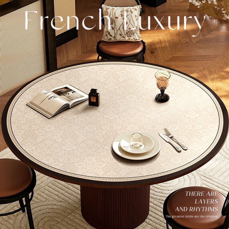 轻奢欧式复古圆桌桌垫防水防油防烫免洗皮革中古风圆形桌布高级感