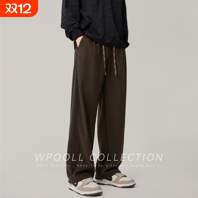 美式慵懒风绵羊毛咖色休闲裤男宽松直筒阔腿裤秋冬保暖拖地长裤子