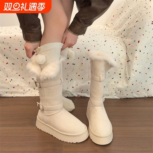 桃厚底白色雪地靴女冬2025新款加绒保暖巨好看长筒靴棉靴防水灰色