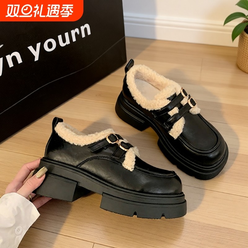 厚底乐福鞋女2025秋冬加绒单鞋子毛毛棉鞋黑色小皮鞋英伦粗跟毛绒